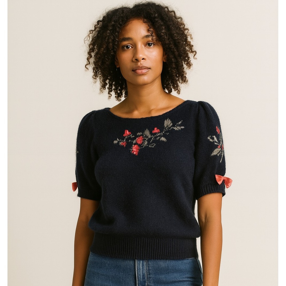 Susan Bristol Angora Lambswool Sweater Hand Embroidered Stawberry Puff Sleeves‎